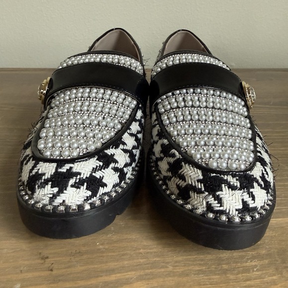 Betsey Johnson Women's 7.5 Miriam Houndstooth Pearl Rhinestone Studded Loafers - Picture 4 of 10